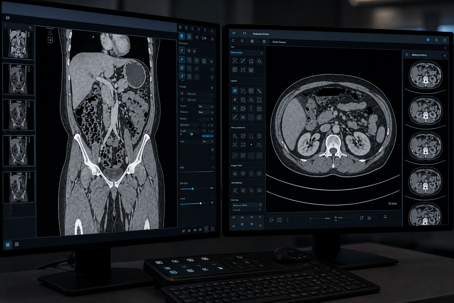 Abdomen and pelvis CT studies displayed across a structured radiology workflow screen
