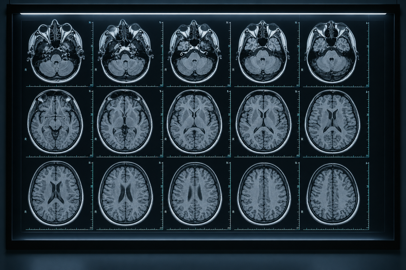 Grid of axial brain MRI slices displayed on a digital radiology review board