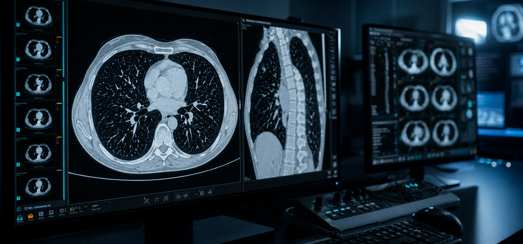 Chest CT study displayed on a radiology diagnostic workstation